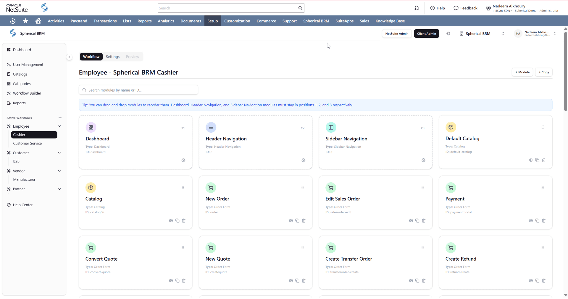 Workflow builder in the SphericalBRM Admin Portal showing the cashier workflow's modules