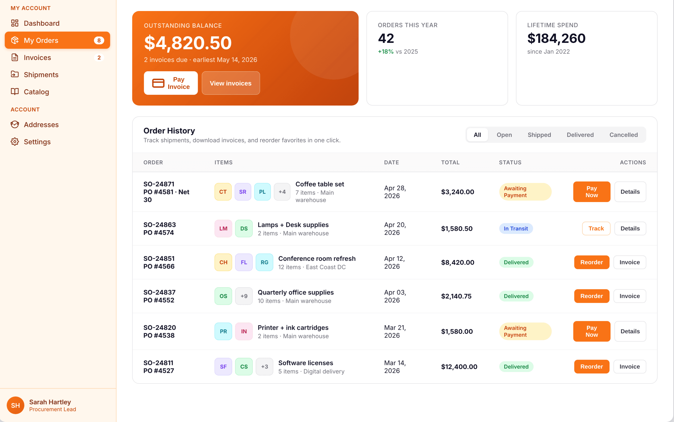 Customer dashboard with outstanding balance and order history