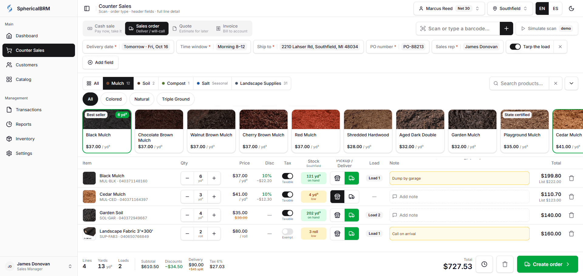 Counter Sales screen with product tiles and order lines
