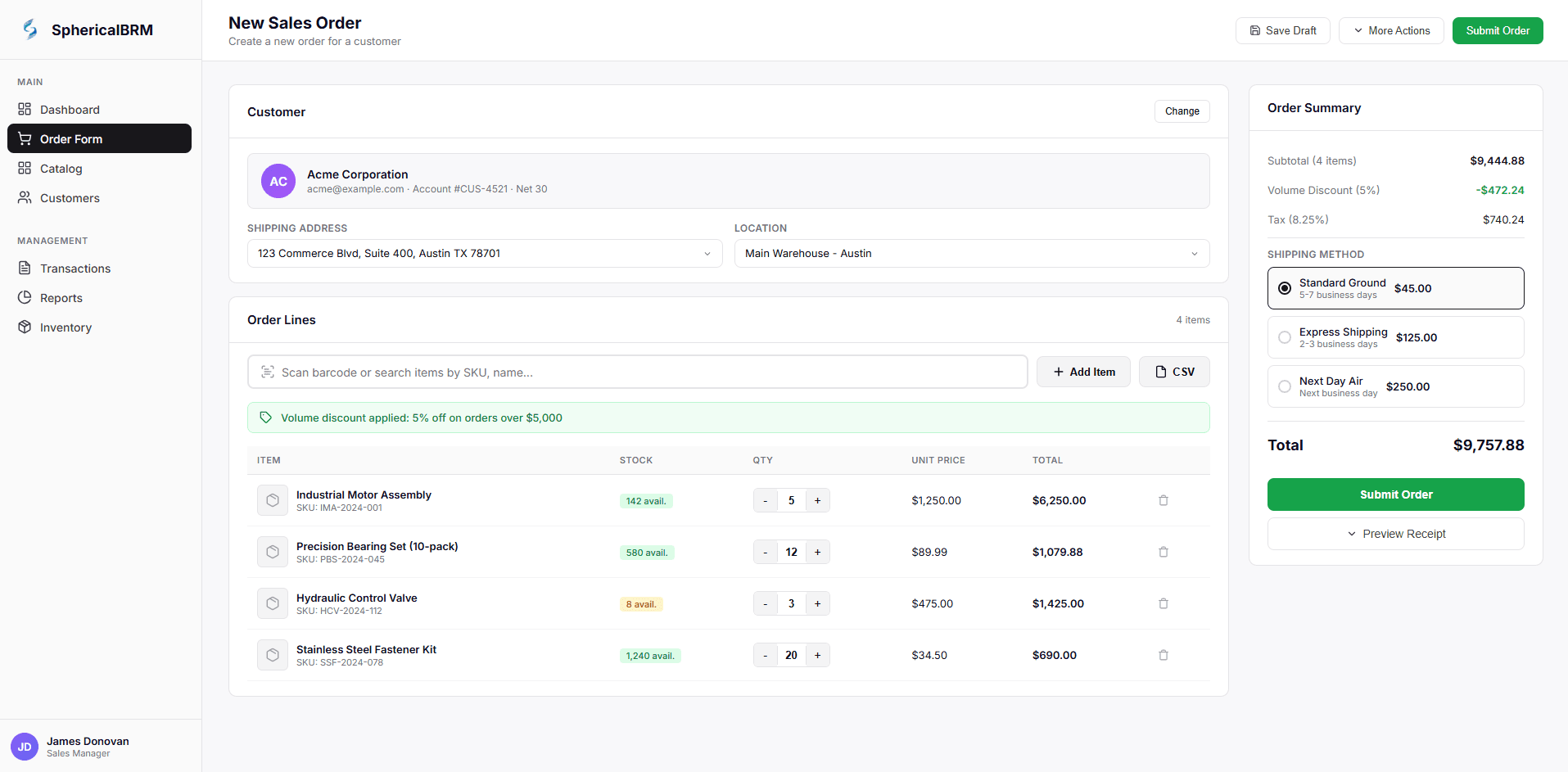 SphericalBRM Sales Order Form — create orders with line items and shipping