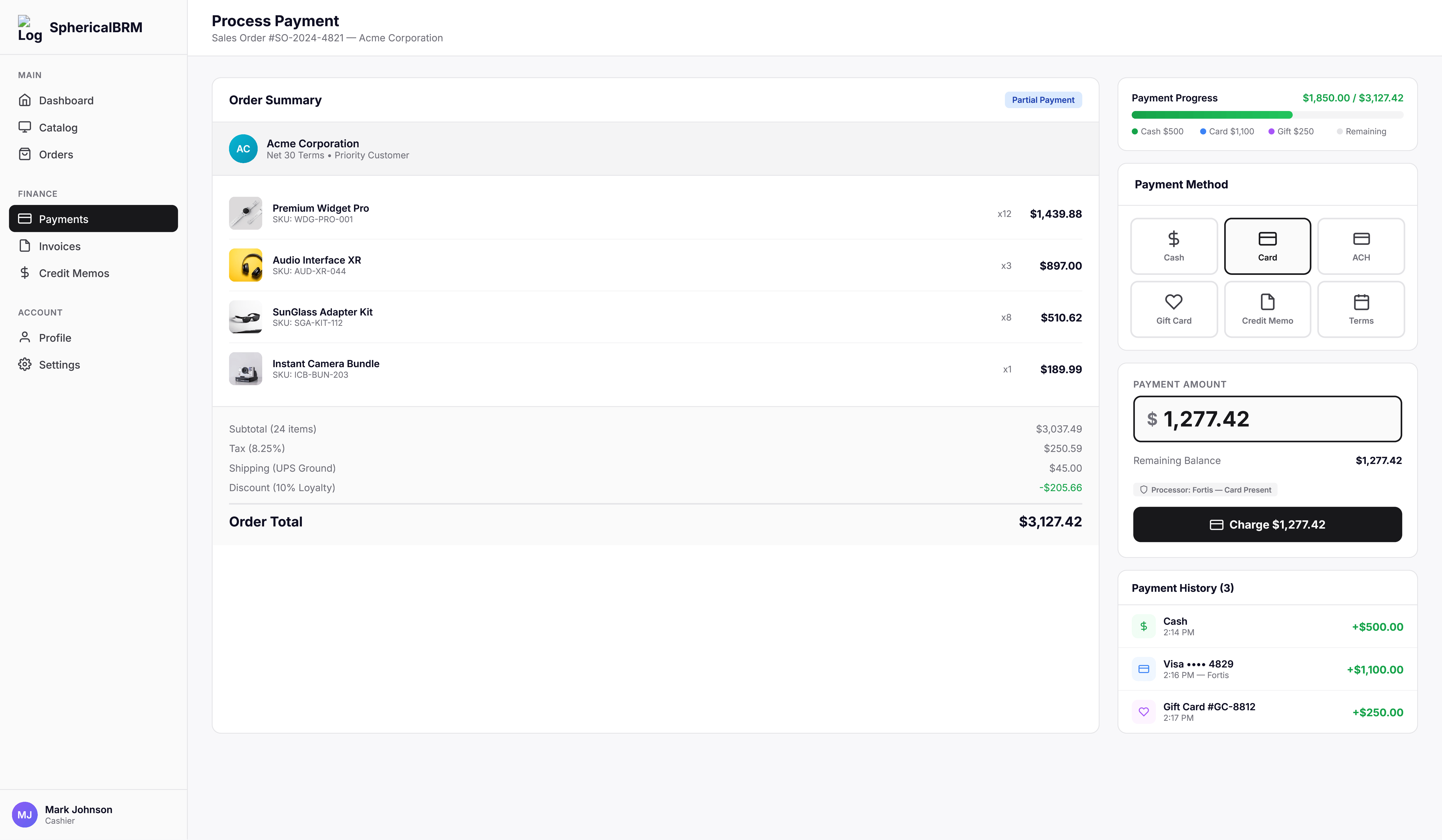 Process Payment screen — order summary, payment methods and payment history