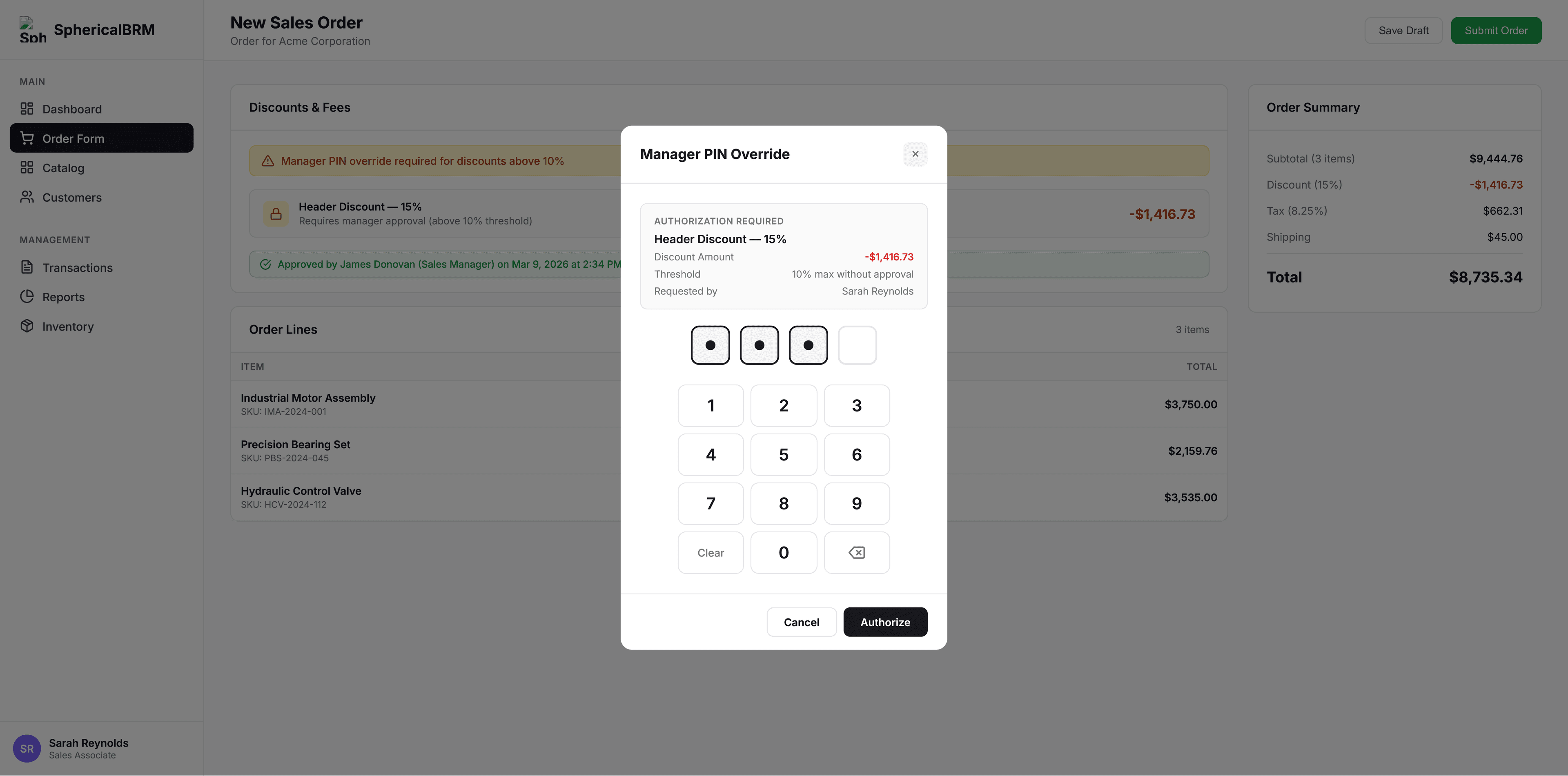 Manager PIN override modal over a sales order