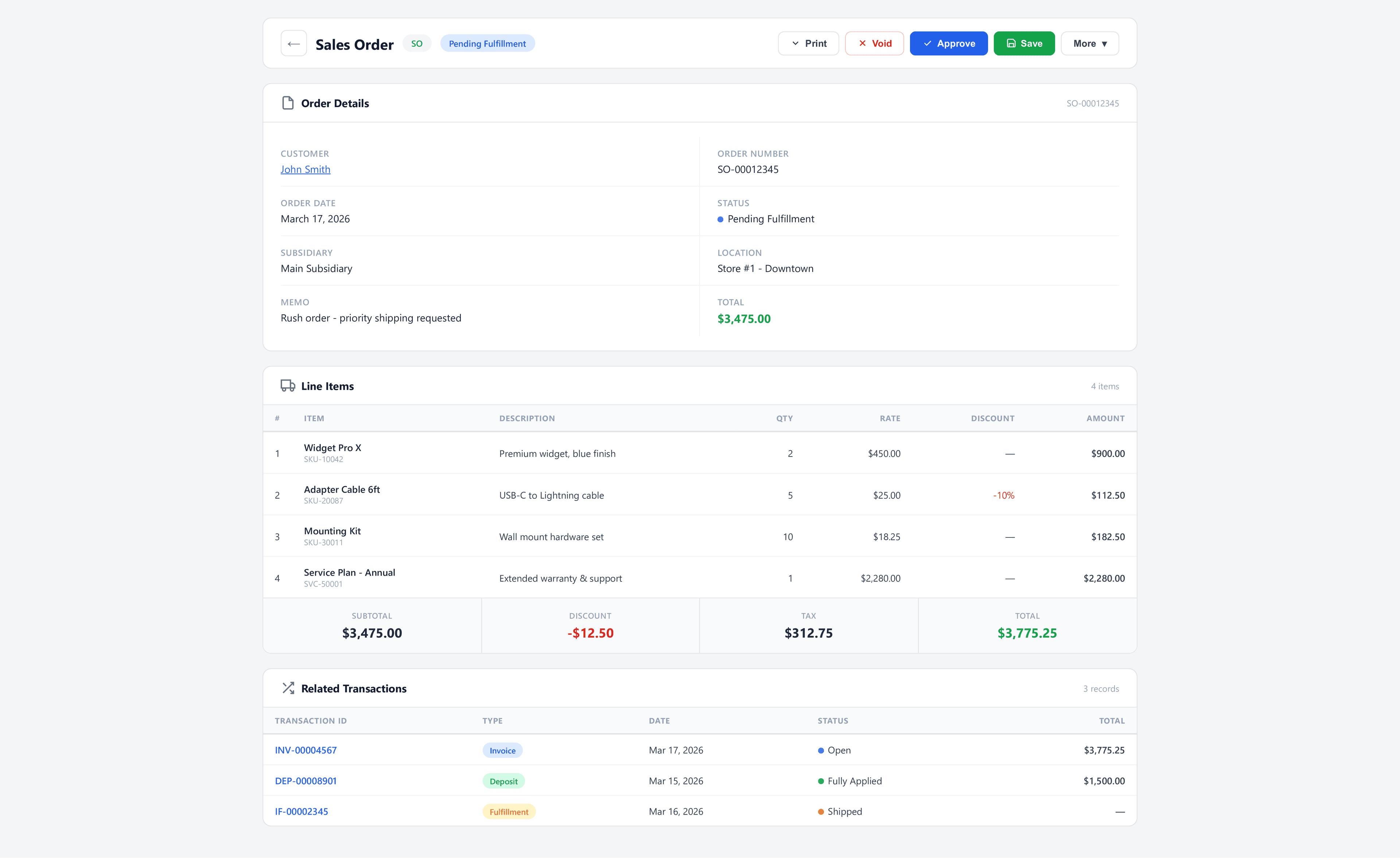 Sales order view with line items and related transactions