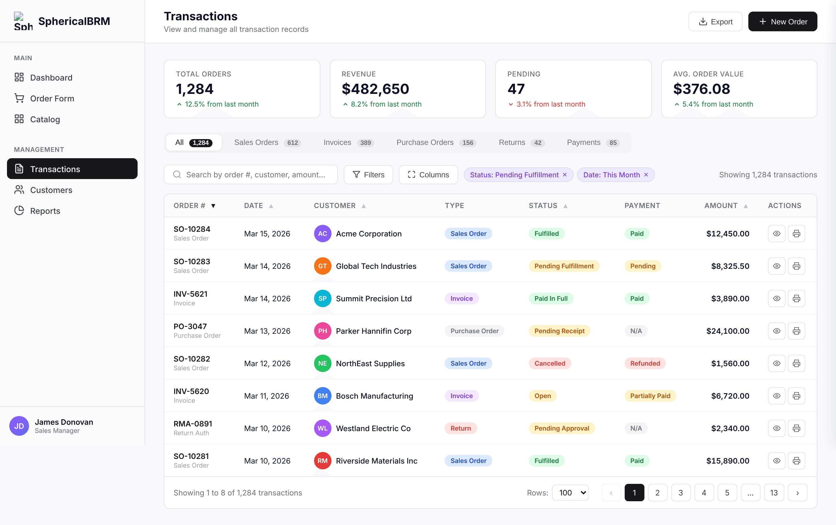 Transactions list with filters